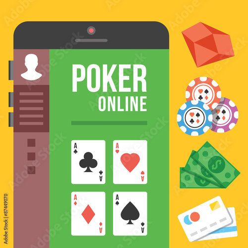 Online poker. Poker room on smartphone screen with diamonds, chips, cash and credit cards