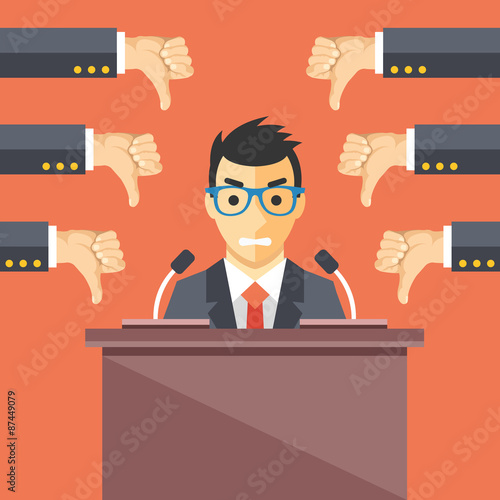 Speaker and thumbs down. Businessman at rostrum. Awful speech, bad speaker, nonproductive ideas flat illustration concept