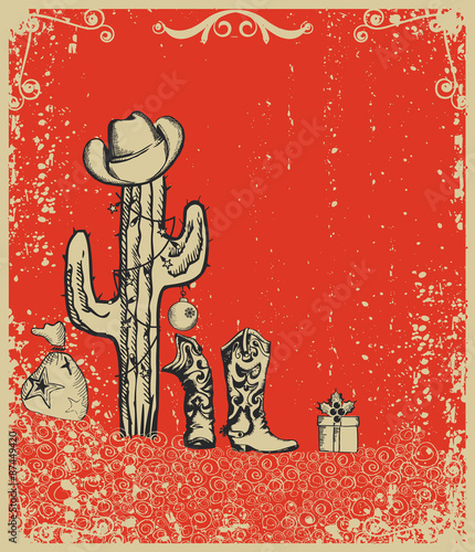 Christmas card with cowboy boots and cactus on old grunge paper