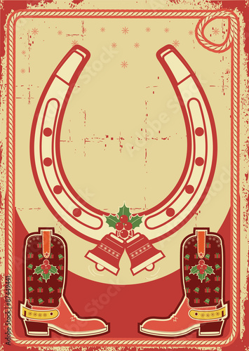 christmas card background with lucky horseshoe and cowboy boots