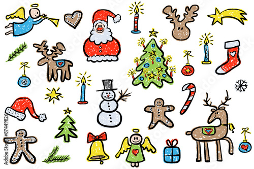 Vektor-Set: Xmas-Icons, handgezeichnet, Kreide, Skizzen, bunt