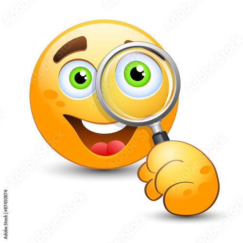 Emoticon looking through magnifying glass. Vector illustration
