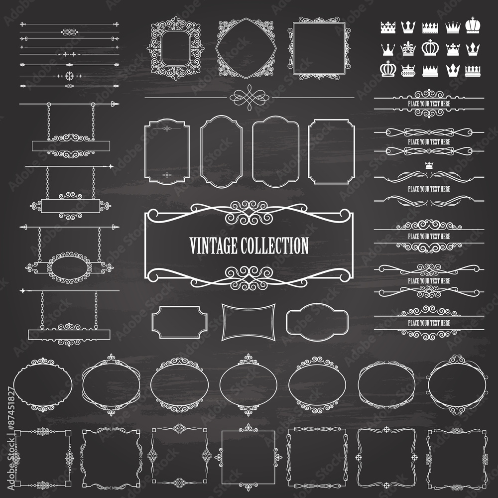 Frames, dividers, crowns mega set on chalkboard. Frames, dividers, crowns mega set on chalkboard.