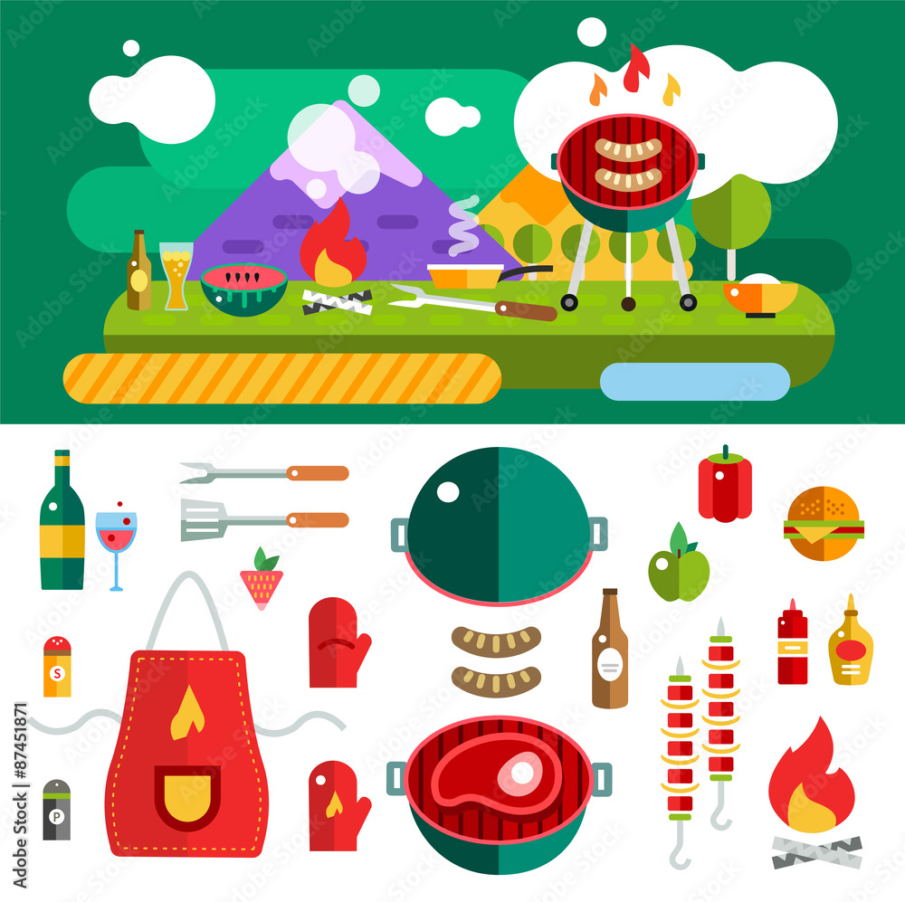 Barbecue and Food Outdoor. Vector Objects set. Outdoor, Kitchen