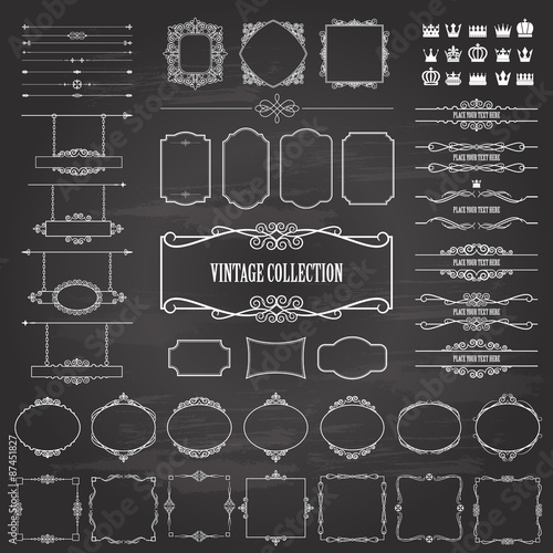 Frames, dividers, crowns mega set on chalkboard.