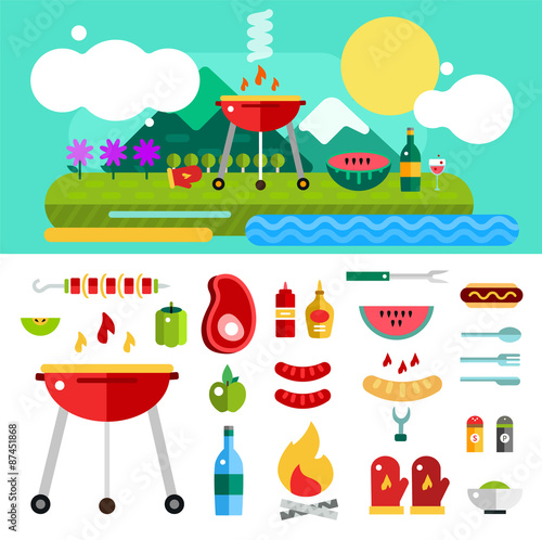 Barbecue and Food Outdoor. Vector Objects set. Outdoor, Kitchen