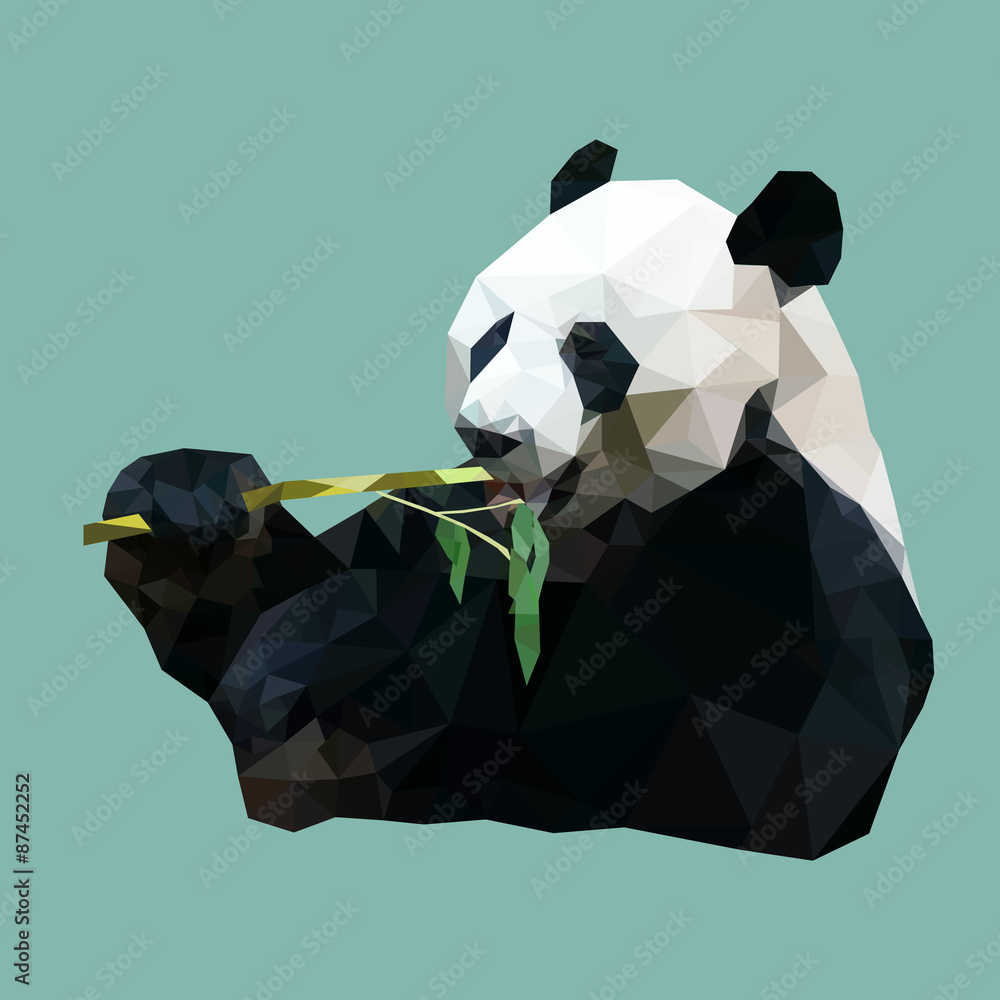 Fototapeta premium polygonal panda eating bamboo, polygon animal, vector illustrati