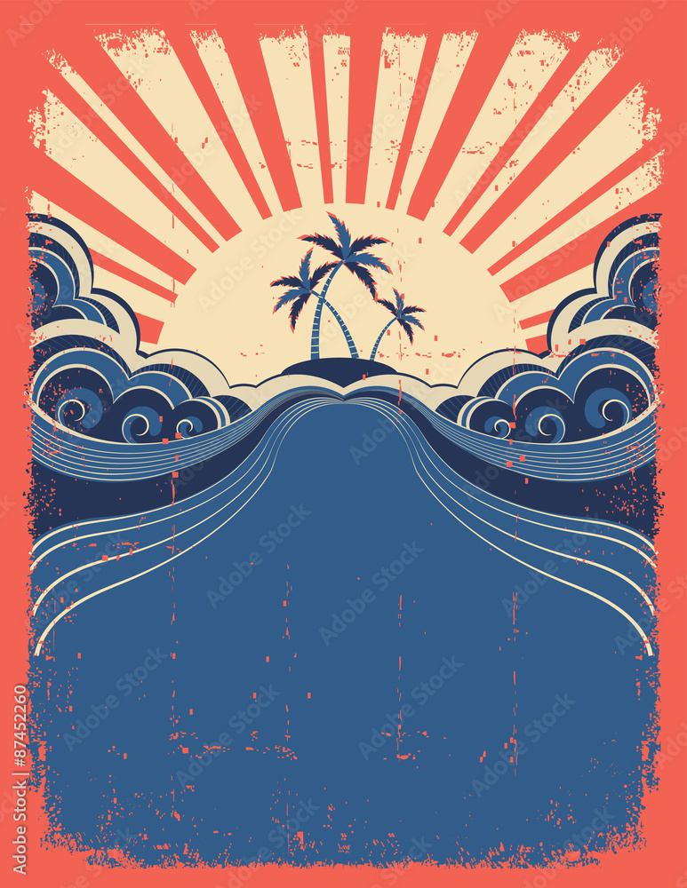 Obraz premium Tropical background with palms on grunge poster