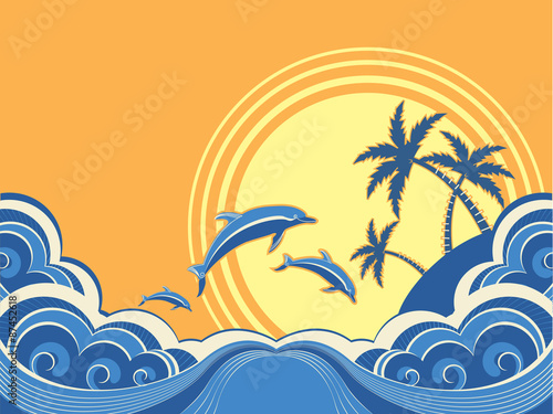  Seascape waves poster with dolphins. Vector illustration