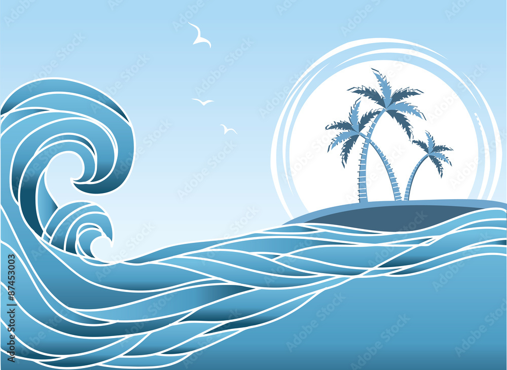 Obraz premium Sea horizon with tropical island and palms.Waves background