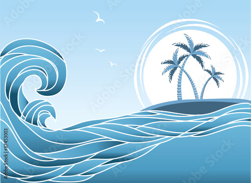 Sea horizon with tropical island and palms.Waves background