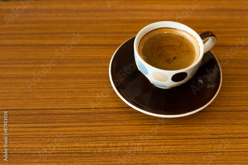 Cup of coffee espresso on wood background, morning breakfast, se