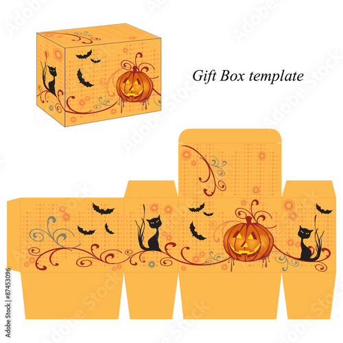 Halloween box template with pumpkin and black cat