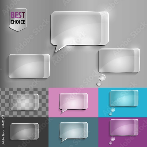 Rectangle set of glass speech bubble icons with soft shadow on