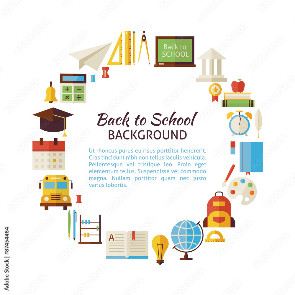 Flat Style Vector Circle Template of Back to School and Education
