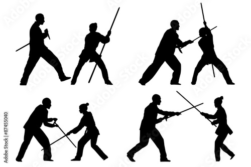 Vector set of silhouettes: Man and woman show Wushu Tao with a stick.
