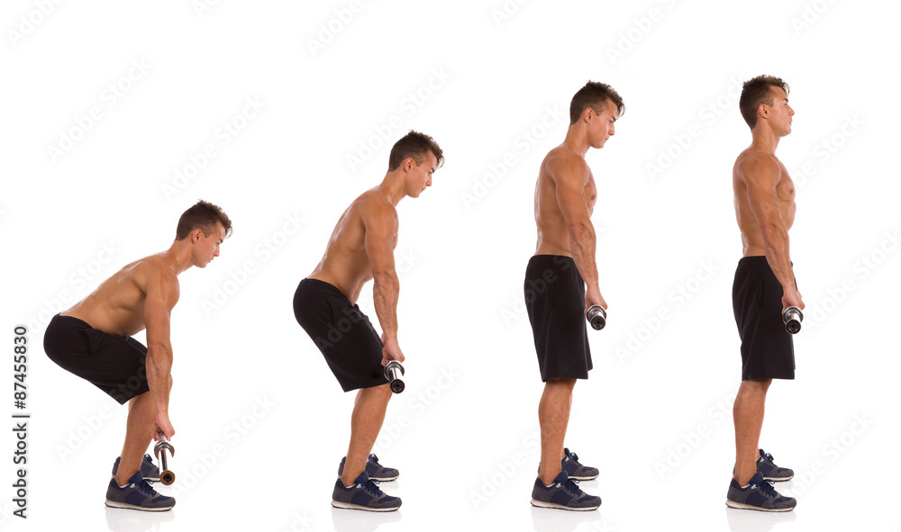 How To Make a Deadlift. Muscular man making a deadift exercise, side view, step by step. Full length studio shot isolated on white. How To Make a Deadlift. Muscular man making a deadift exercise, side view, step by step. Full length studio shot isolated on white.