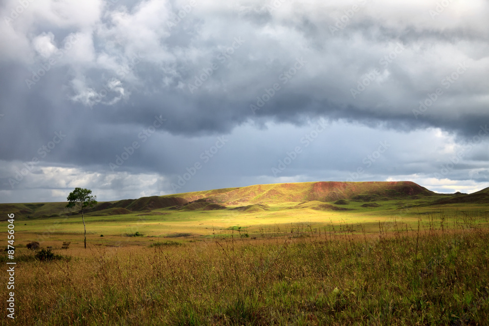 Stunning view to savanna under stormy cloudy sky with single bright patch of sunlight 