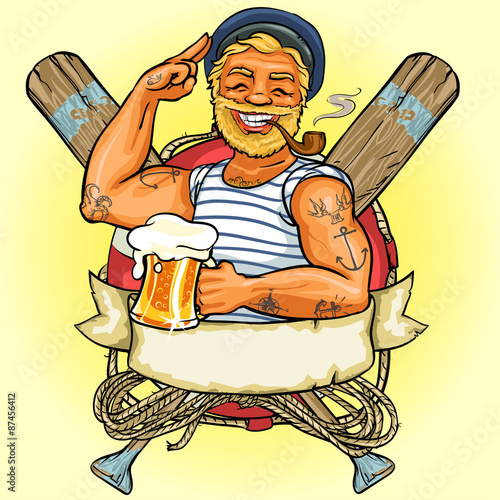 Sailor label design, Vector Illustration with ribbon banner.