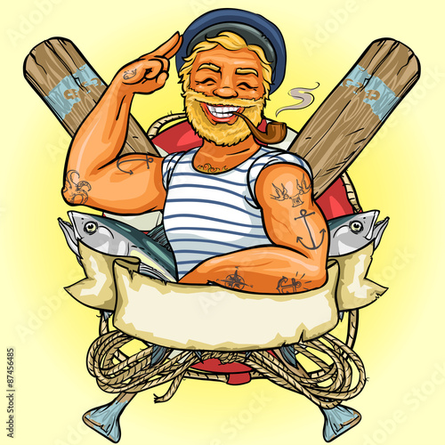 Sailor label design, Vector Illustration with ribbon banner.