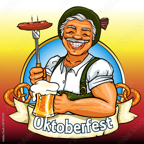 Smiling Bavarian man with beer and smoking sausage