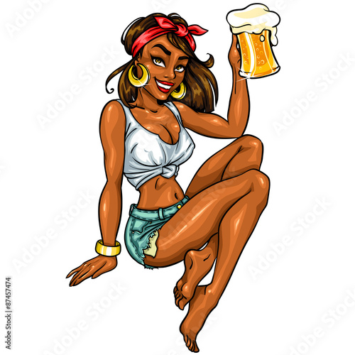 Pretty Pin Up Girl holding beer mug. 