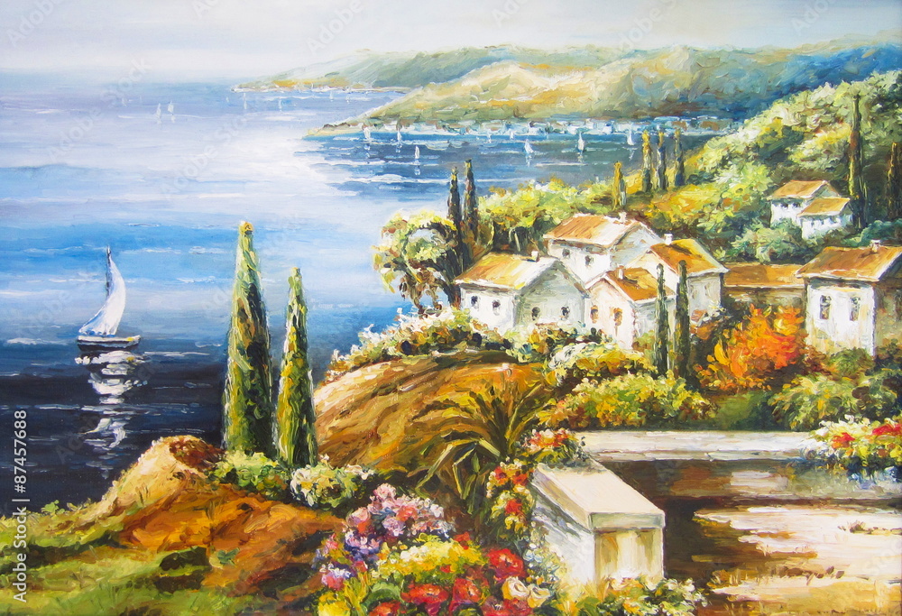 Original oil painting The sailing boat - obrazy, fototapety, plakaty 