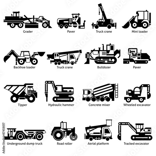 Construction Machines Black White Icons Set 