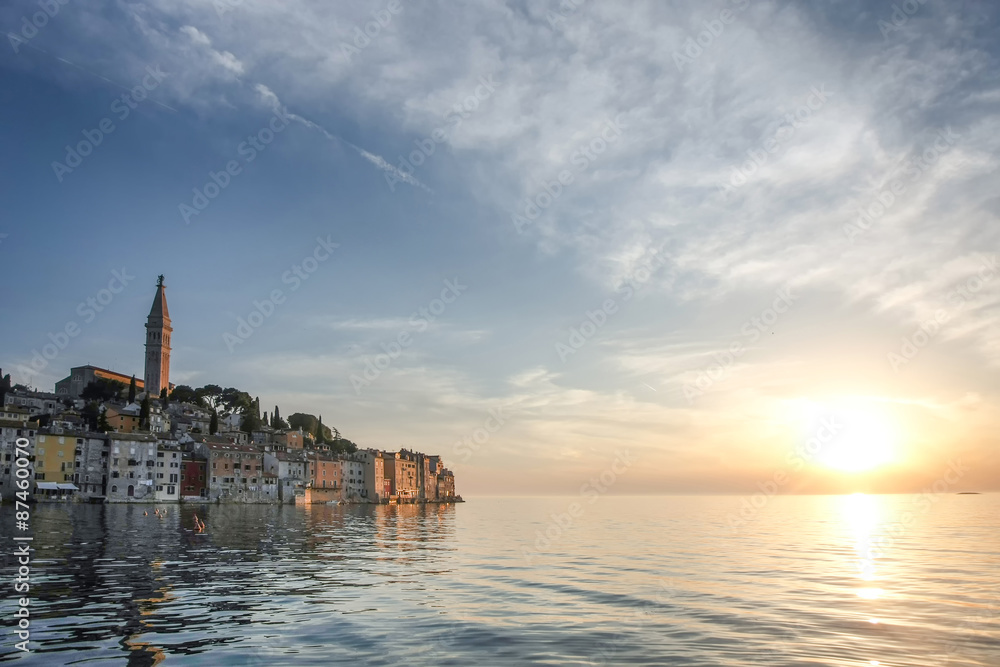 Old city core in Rovinj at sunset