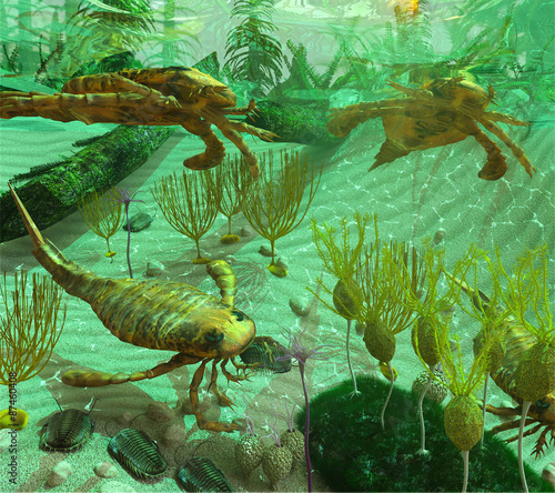 An illustration depicting life in a Devonian Period sea (419 to 358 million years ago). Shown are: Trilobites, Eurypterids, Blastoids, Crinoids, Caryocrinites and Graptolite Dictyonema. photo