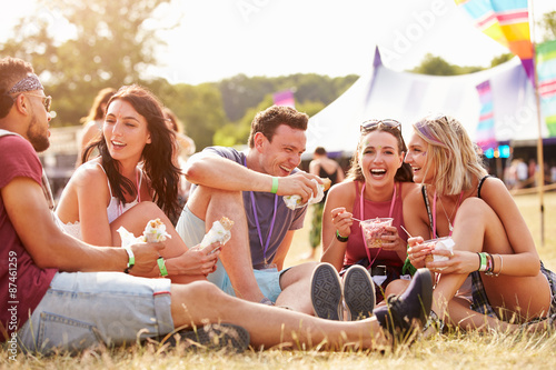 Quadro em tela Friends sitting on the grass eating at a music festival