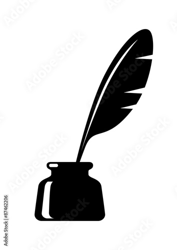 Quill in inkwell on white background