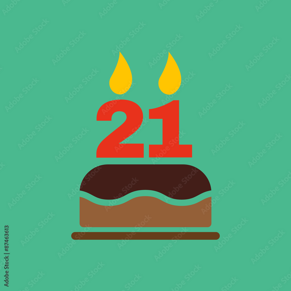 The birthday cake with candles in the form of number 21 icon. Birthday symbol. Flat The birthday cake with candles in the form of number 21 icon. Birthday symbol. Flat