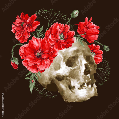 Watercolor Vector Vintage Card with Bouquet of Red Poppies and