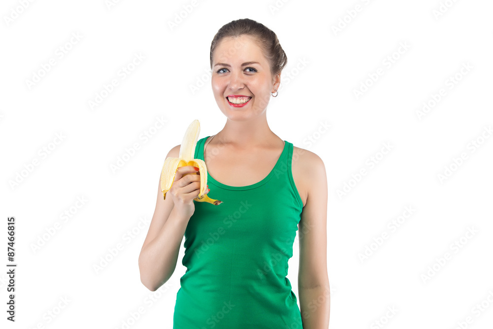 Image of happy smiling woman with banana Image of happy smiling woman with banana