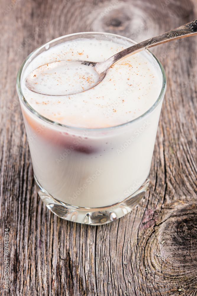 Breakfast with peach smoothie in the glass Breakfast with peach smoothie in the glass