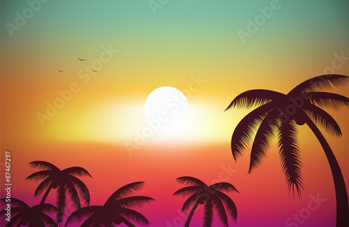 A Tropical Island Sunset, Sunrise with Palm Trees