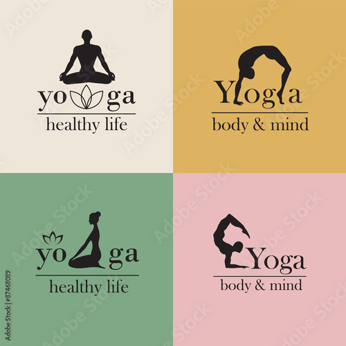 Set of logos for yoga studio or meditation class. Vector yoga illustration. . Set of labels, stickers, logos and badges. Fitness center.