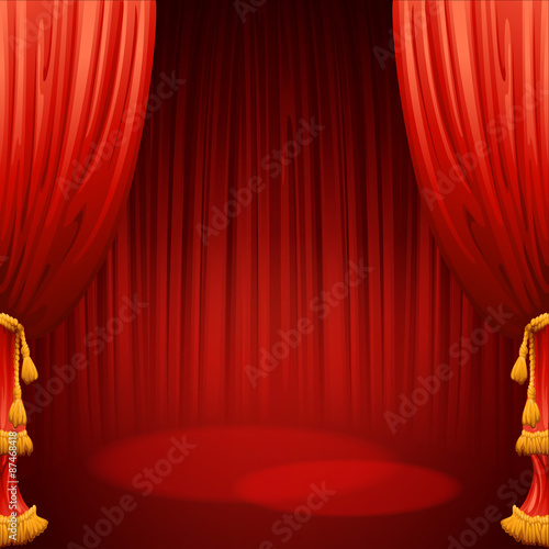 Theater stage with red curtain. Vector illustration