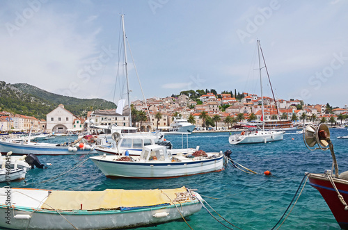 Boats anchoring in Hvar city port on island Hvar  Dalmatia  Croatia
