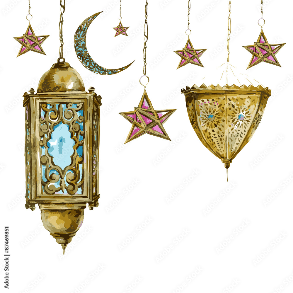 Traditional watercolor greeting card with arabic lantern, stars