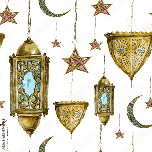 Traditional watercolor seamless background with arabic lantern