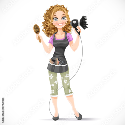 Cute girl hairdresser with hair dryer and hairbrush portrait in