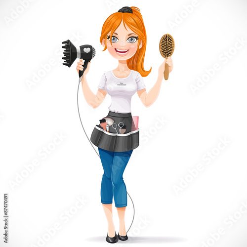 Cute redhead girl hairdresser with hair dryer and hairbrush port
