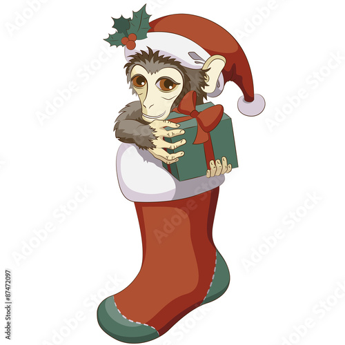 Monkey in Christmas stocking with a gift