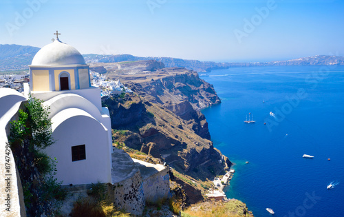Wide view over the sea coast in Santorini, Greece