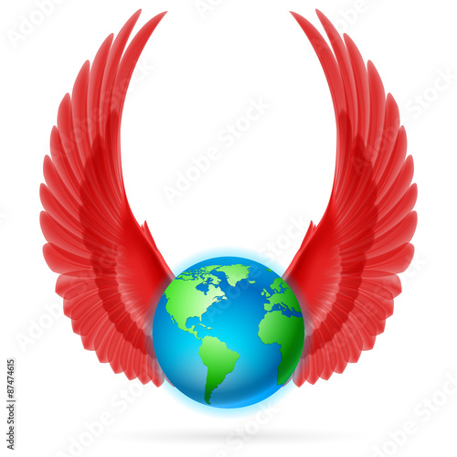 Globe with red wings on white