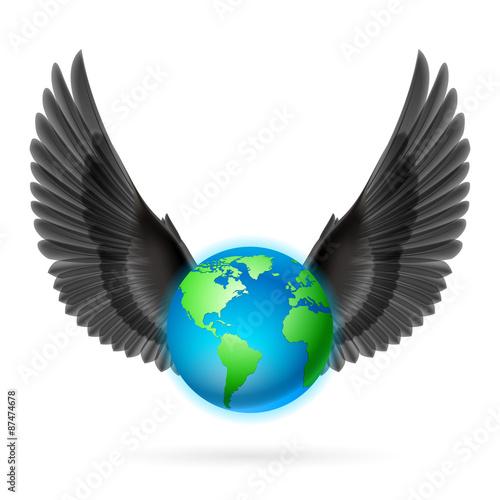 Globe with black wings on white