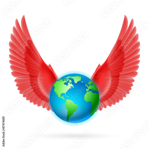 Globe with red wings on white