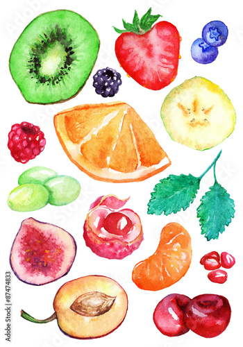 Watercolor kiwi strawberry blueberry blackberry raspberry orange banana grape mint mandarin cherry lychee fig plum pomegranate fruit berry set vector isolated